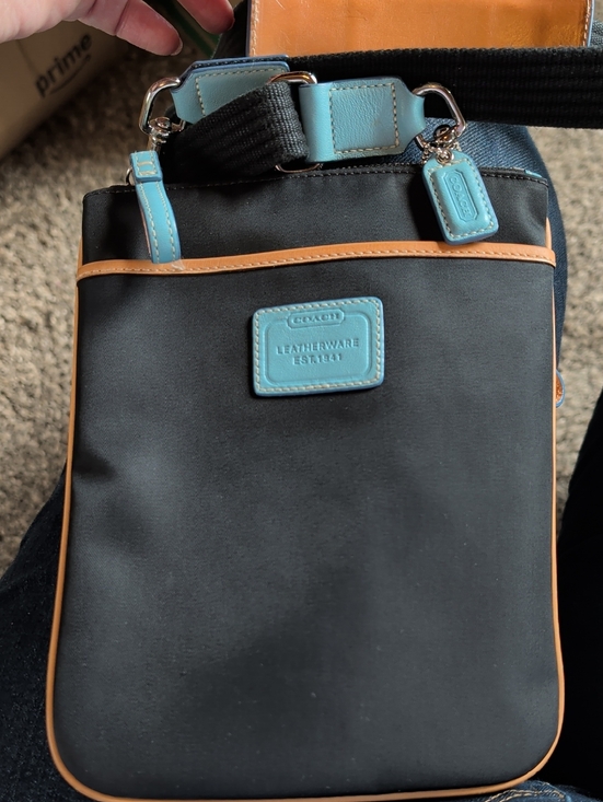 Coach Handbags - Coach Black Crossbody with Tan Trim and Light Blue Accents